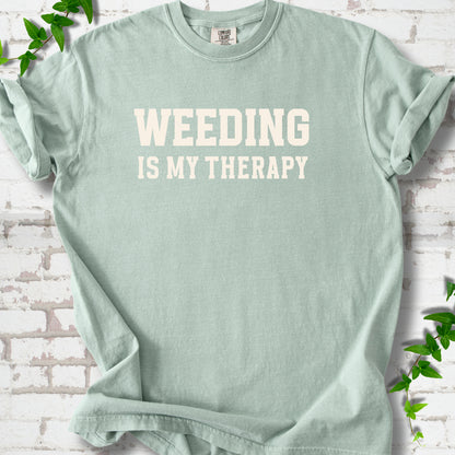 Bay Comfort Colors® T-shirt with Weeding Is My Therapy text design.
