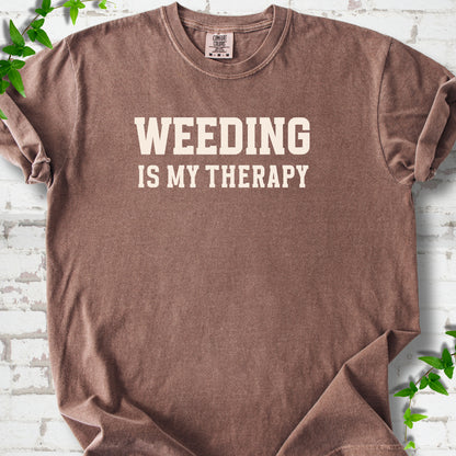 Espresso Comfort Colors® T-shirt with Weeding Is My Therapy text design.