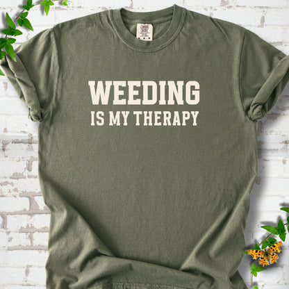 Sage Comfort Colors® T-shirt with Weeding Is My Therapy text design.