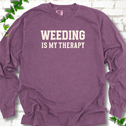 Berry Comfort Colors® long sleeve shirt with Weeding Is My Therapy text design.