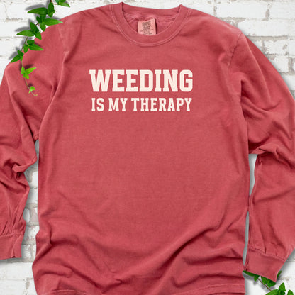 Crimson Comfort Colors® long sleeve shirt with Weeding Is My Therapy text design.