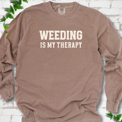 Espresso Comfort Colors® long sleeve shirt with Weeding Is My Therapy text design.