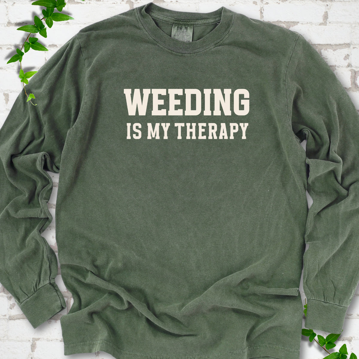 Hemp Comfort Colors® long sleeve shirt with Weeding Is My Therapy text design.