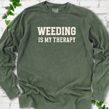 Hemp Comfort Colors® long sleeve shirt with Weeding Is My Therapy text design.