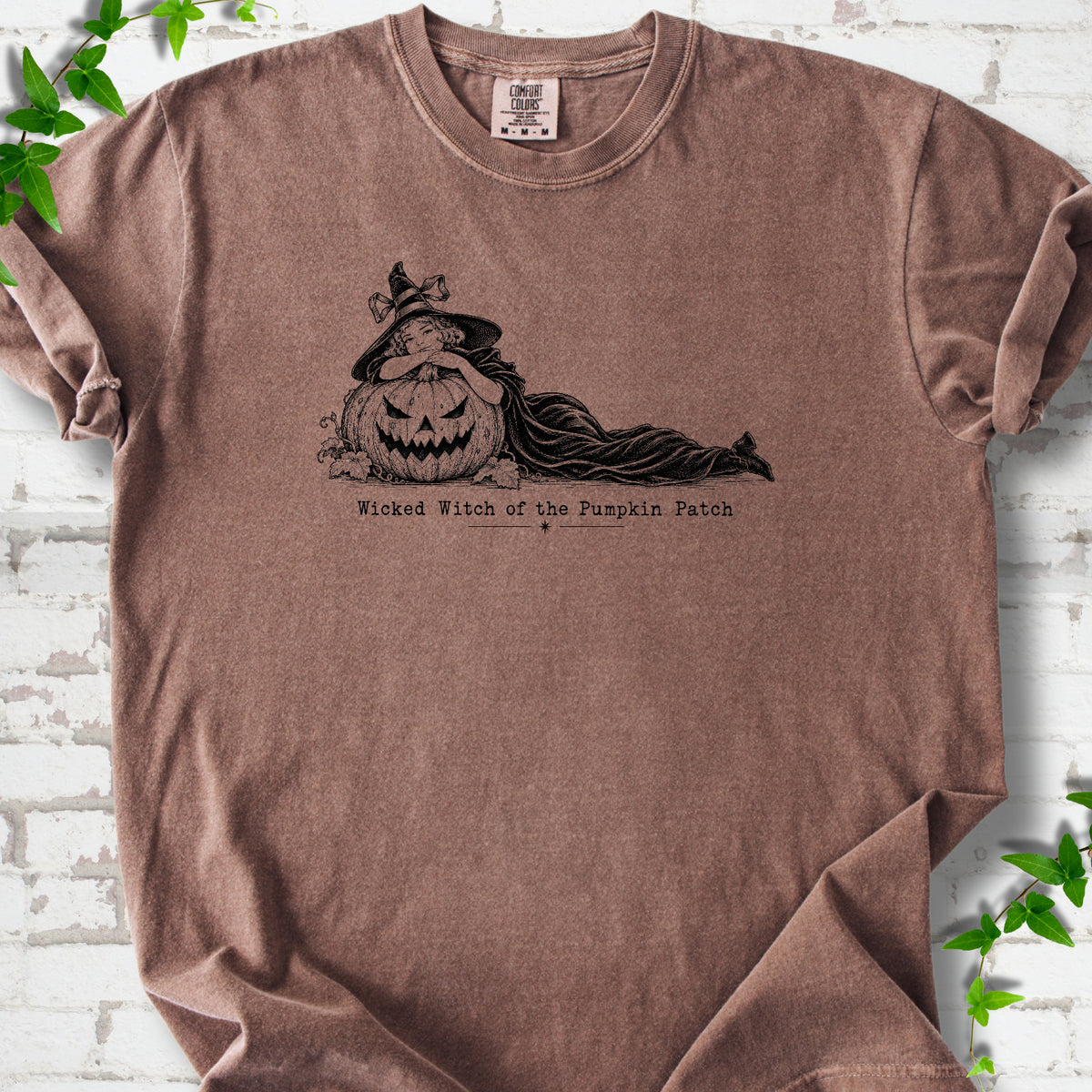 Wicked Witch of the Pumpkin Patch Halloween T-shirt in Espresso with witch and jack-o'-lantern graphic