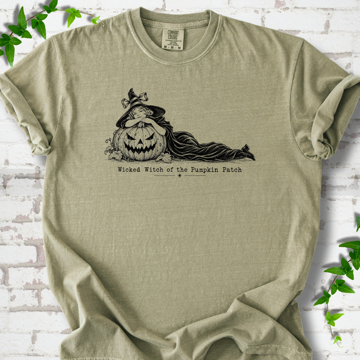 Wicked Witch of the Pumpkin Patch Halloween T-shirt in Khaki with witch and jack-o'-lantern graphic