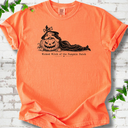 Wicked Witch of the Pumpkin Patch Halloween T-shirt in Melon with witch and jack-o'-lantern graphic