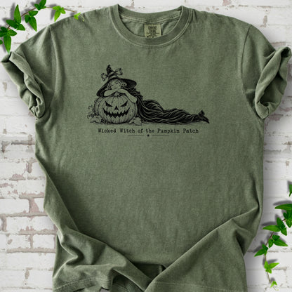 Wicked Witch of the Pumpkin Patch Halloween T-shirt in Moss with witch and jack-o'-lantern graphic
