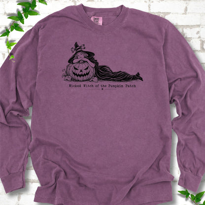 Wicked Witch of the Pumpkin Patch long sleeve witch shirt in Berry with witch and jack-o'-lantern graphic