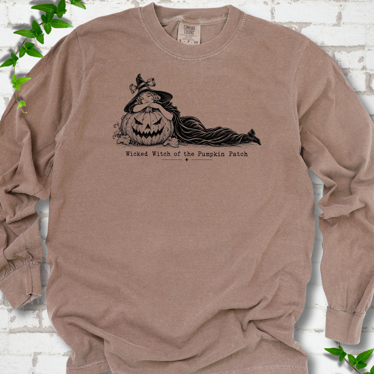 Wicked Witch of the Pumpkin Patch long sleeve witch shirt in Espresso with witch and jack-o'-lantern graphic