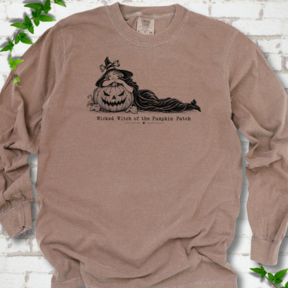 Wicked Witch of the Pumpkin Patch long sleeve witch shirt in Espresso with witch and jack-o'-lantern graphic