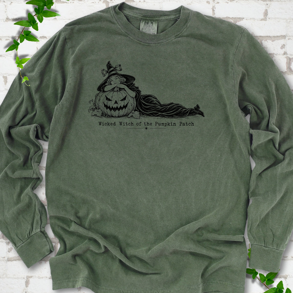 Wicked Witch of the Pumpkin Patch long sleeve witch shirt in Hemp with witch and jack-o'-lantern graphic