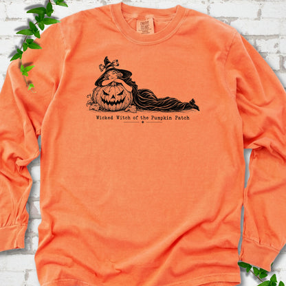 Wicked Witch of the Pumpkin Patch long sleeve witch shirt in Melon with witch and jack-o'-lantern graphic