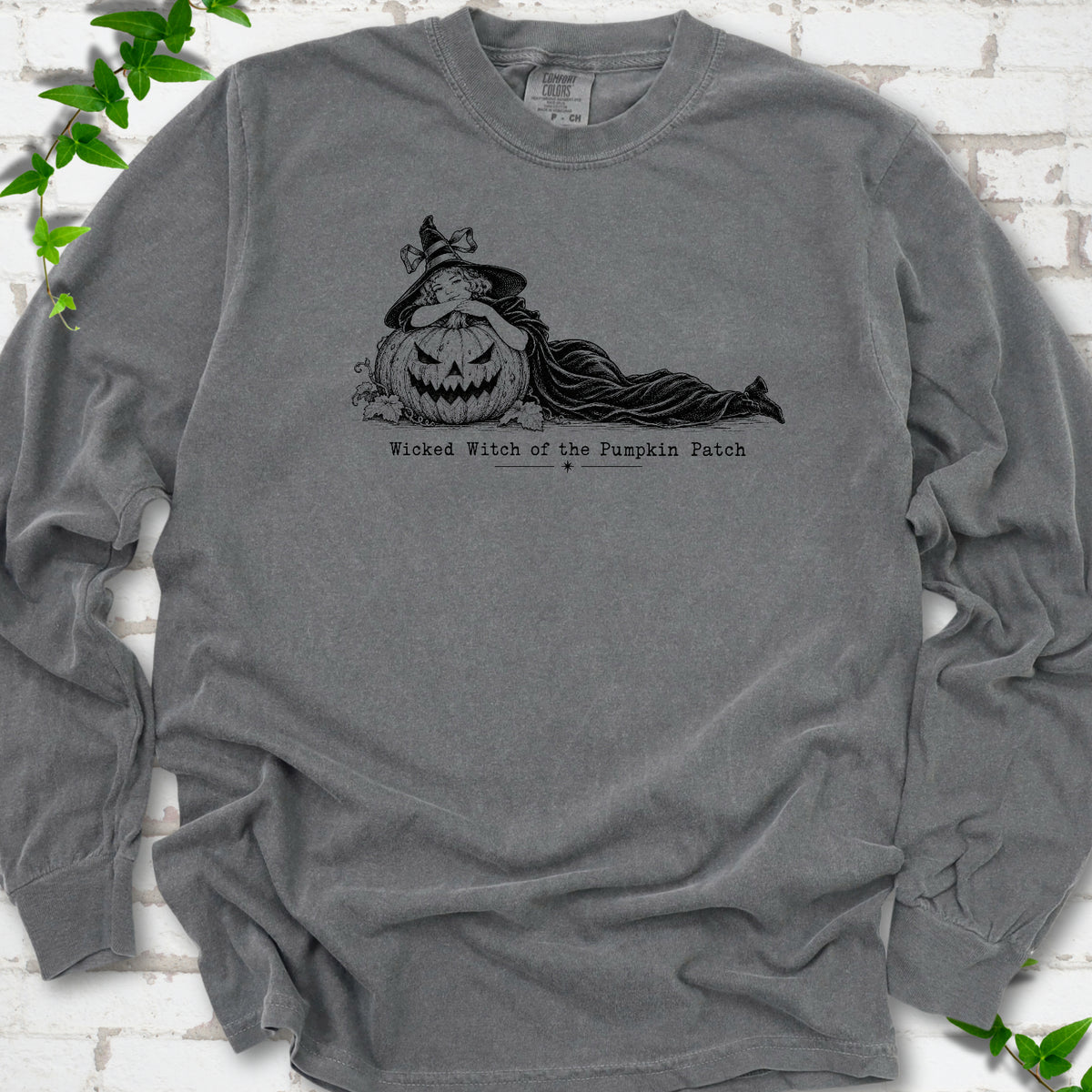 Wicked Witch of the Pumpkin Patch long sleeve witch shirt in Pepper with witch and jack-o'-lantern graphic