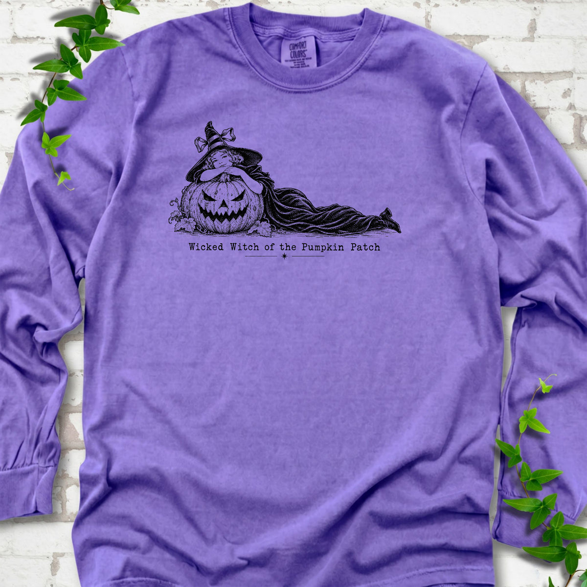 Wicked Witch of the Pumpkin Patch long sleeve witch shirt in Violet with witch and jack-o'-lantern graphic