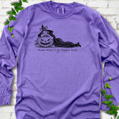 Wicked Witch of the Pumpkin Patch long sleeve witch shirt in Violet with witch and jack-o'-lantern graphic