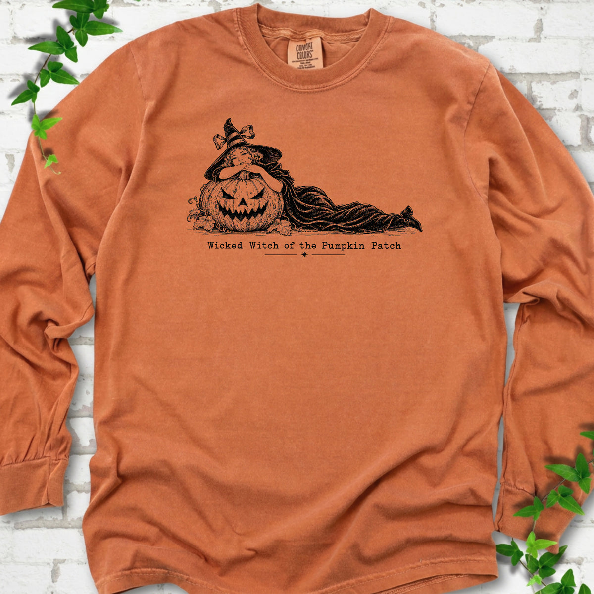 Wicked Witch of the Pumpkin Patch long sleeve witch shirt in Yam with witch and jack-o'-lantern graphic
