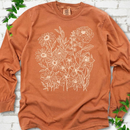 Yam Comfort Colors® long sleeve T-shirt flat lay featuring delicate cream wildflower line art.