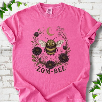 Crunchberry Zom-Bee Gothic Garden Comfort Colors® T-shirt with a zombie bee, crescent moon and dark flowers