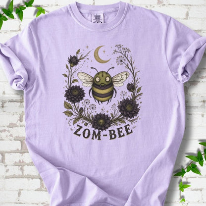 Orchid Zom-Bee Gothic Garden Comfort Colors® T-shirt with a zombie bee, crescent moon and dark flowers