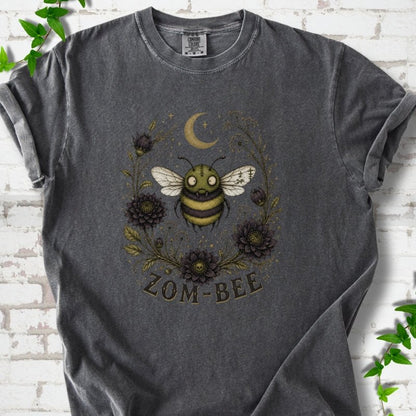 Pepper Zom-Bee Gothic Garden Comfort Colors® T-shirt with a zombie bee, crescent moon and dark flowers