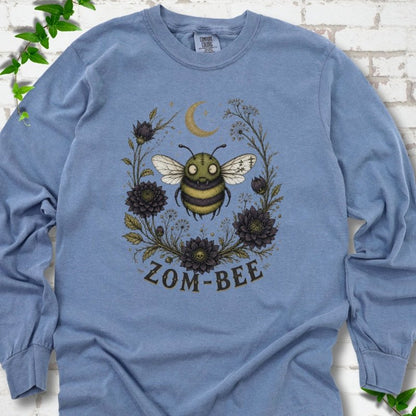 Blue Jean Zom-Bee Gothic Garden Comfort Colors® long sleeve T-shirt with a zombie bee, crescent moon and dark flowers