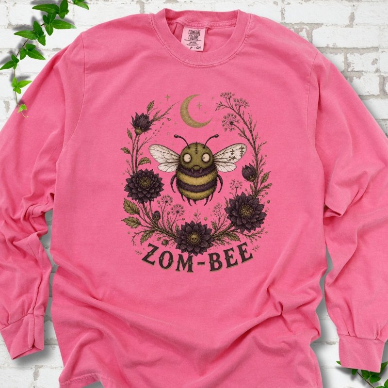 Crunchberry Zom-Bee Gothic Garden Comfort Colors® long sleeve T-shirt with a zombie bee, crescent moon and dark flowers