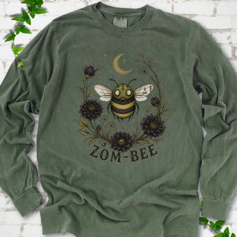 Hemp Zom-Bee Gothic Garden Comfort Colors® long sleeve T-shirt with a zombie bee, crescent moon and dark flowers