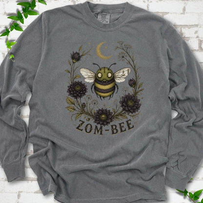 Pepper Zom-Bee Gothic Garden Comfort Colors® long sleeve T-shirt with a zombie bee, crescent moon and dark flowers