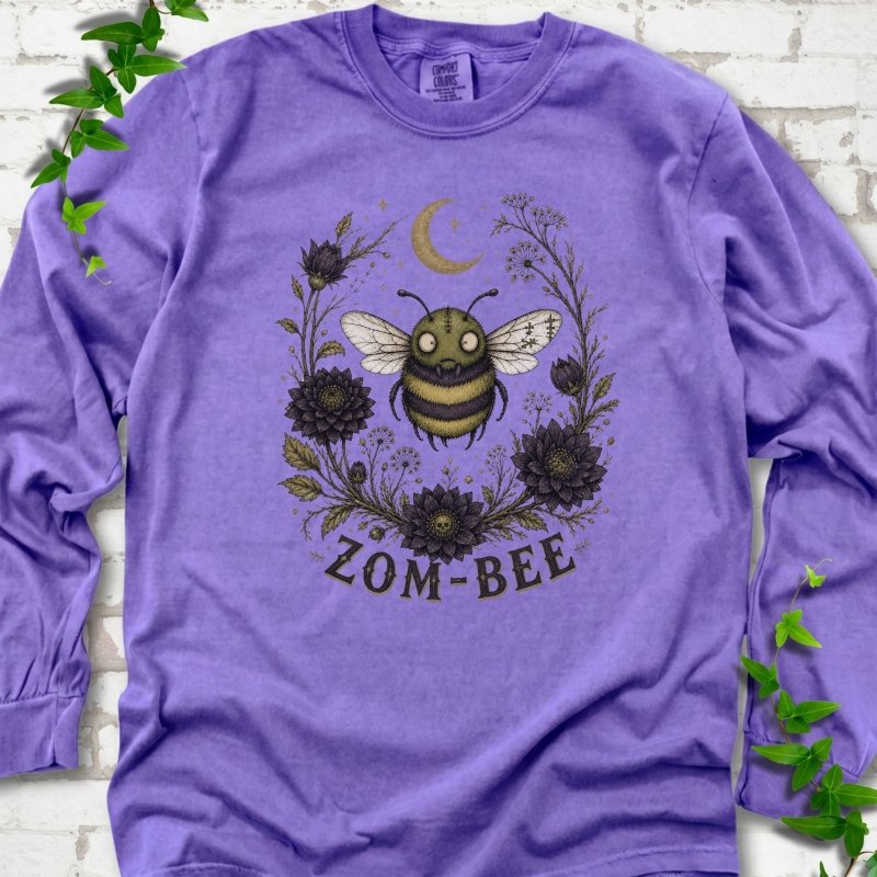 Violet Zom-Bee Gothic Garden Comfort Colors® long sleeve T-shirt with a zombie bee, crescent moon and dark flowers