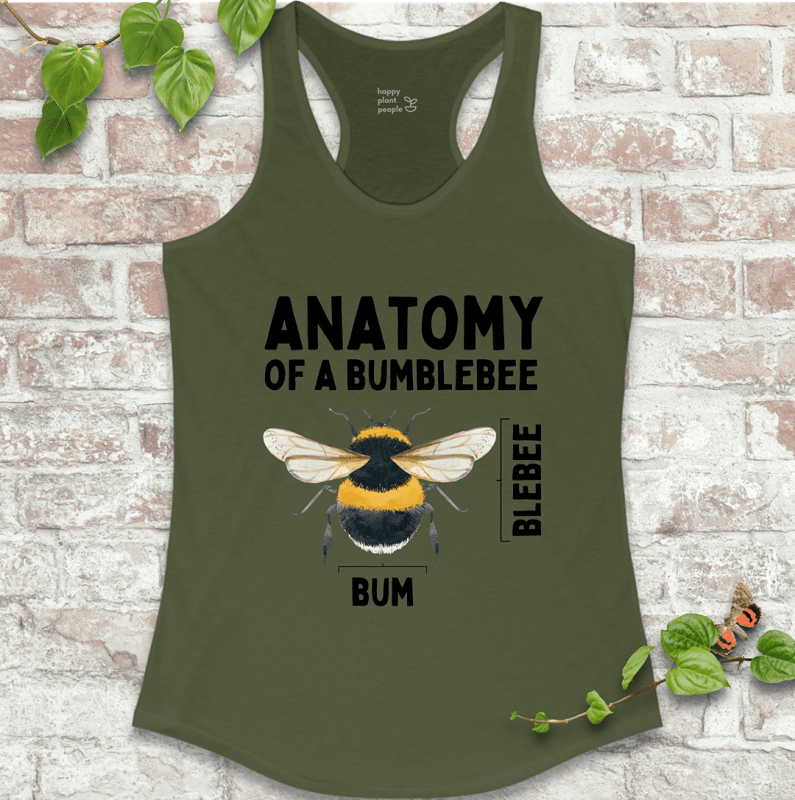 Women’s bumblebee anatomy tank in military green – ideal for bee lovers and gardeners