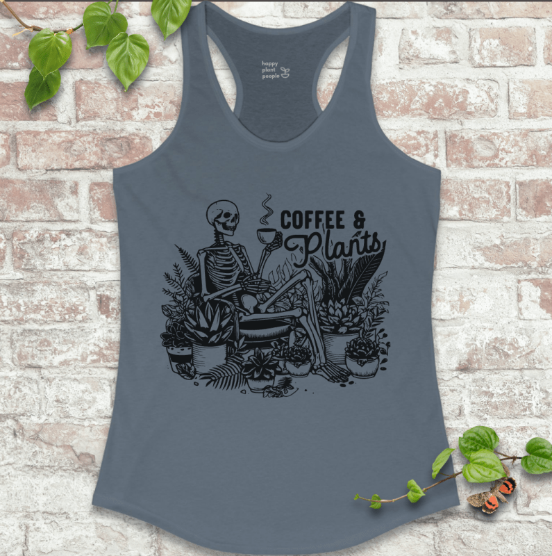 Cozy-goth women’s tank in indigo with skeleton, coffee cup, and houseplants – soft and lightweight for summer layering