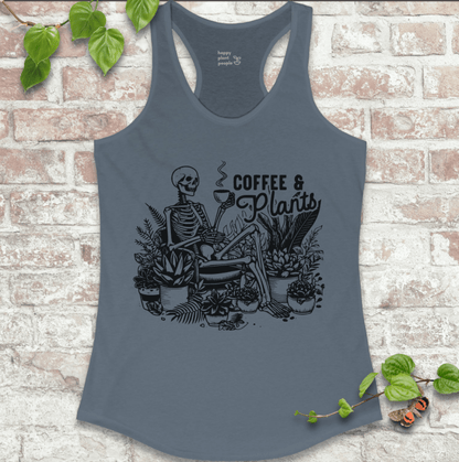 Cozy-goth women’s tank in indigo with skeleton, coffee cup, and houseplants – soft and lightweight for summer layering