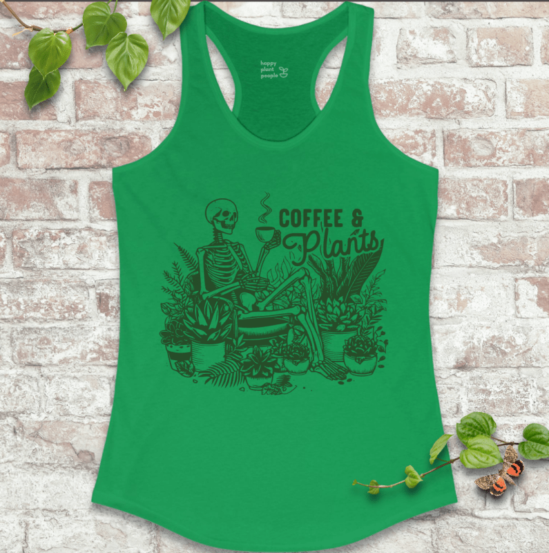 Women’s tank top in bright green with cozy-goth skeleton, coffee, and houseplants – breathable and fun for summer plant care