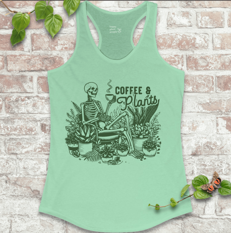 Mint green women’s gardening tank top with skeleton clinging to coffee and plants – lightweight and perfect for summer chaos