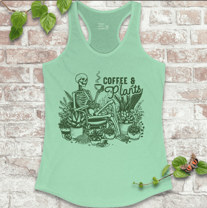 Mint green women’s gardening tank top with skeleton clinging to coffee and plants – lightweight and perfect for summer chaos