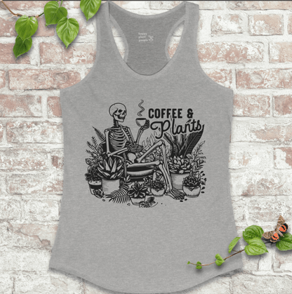 Women’s racerback tank top in grey with coffee and plants skeleton design – lightweight and perfect for plant lovers
