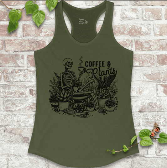 Women’s gardening tank top in military green with skeleton, coffee, and plant design – soft, breathable, and cozy-goth inspired