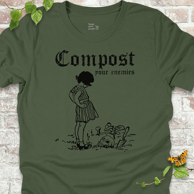 Rebellious plant lover tee in earthy green with gothic composting design