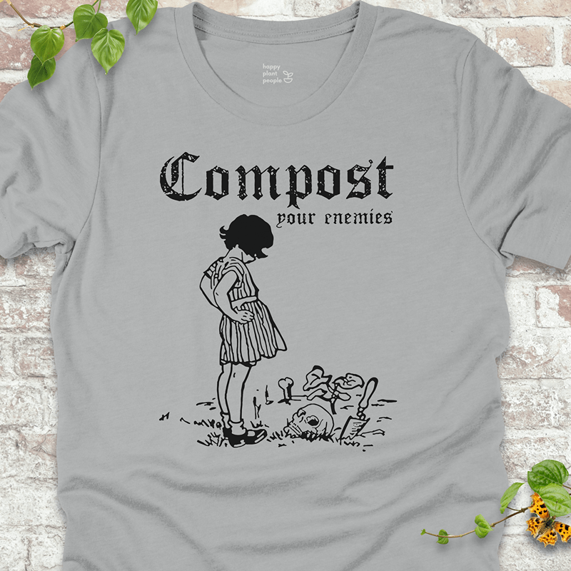 Lightweight gardening goth tee in soft grey with spooky compost artwork