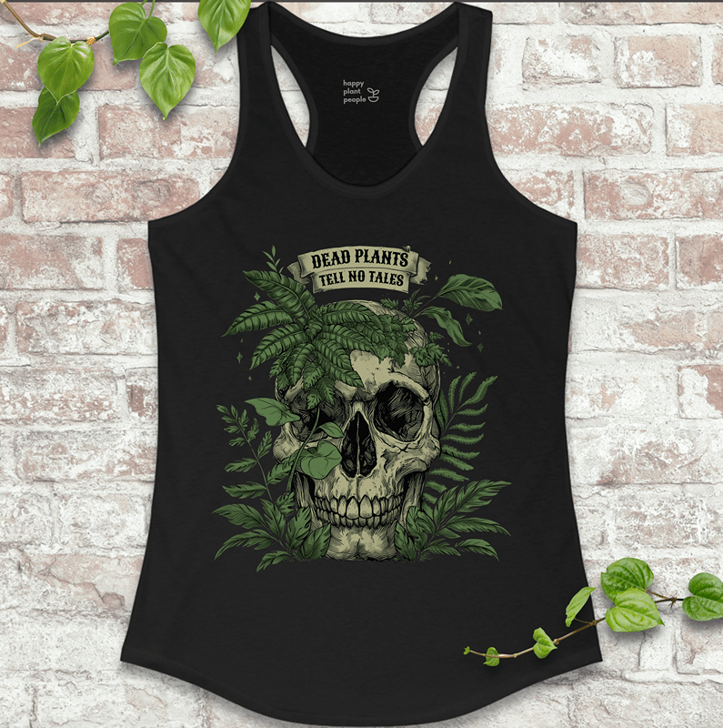 Original Happy Plant People design with skull and plants on soft black racerback tank