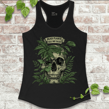 Original Happy Plant People design with skull and plants on soft black racerback tank