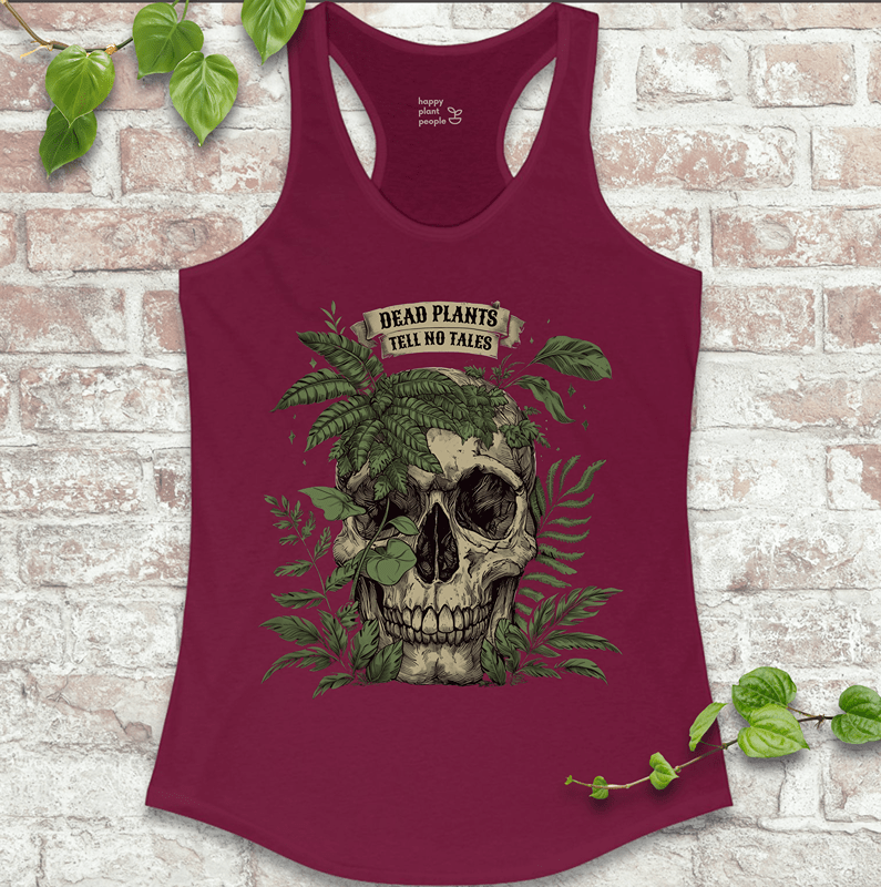 Cozy goth skull and plants artwork on red racerback tank top