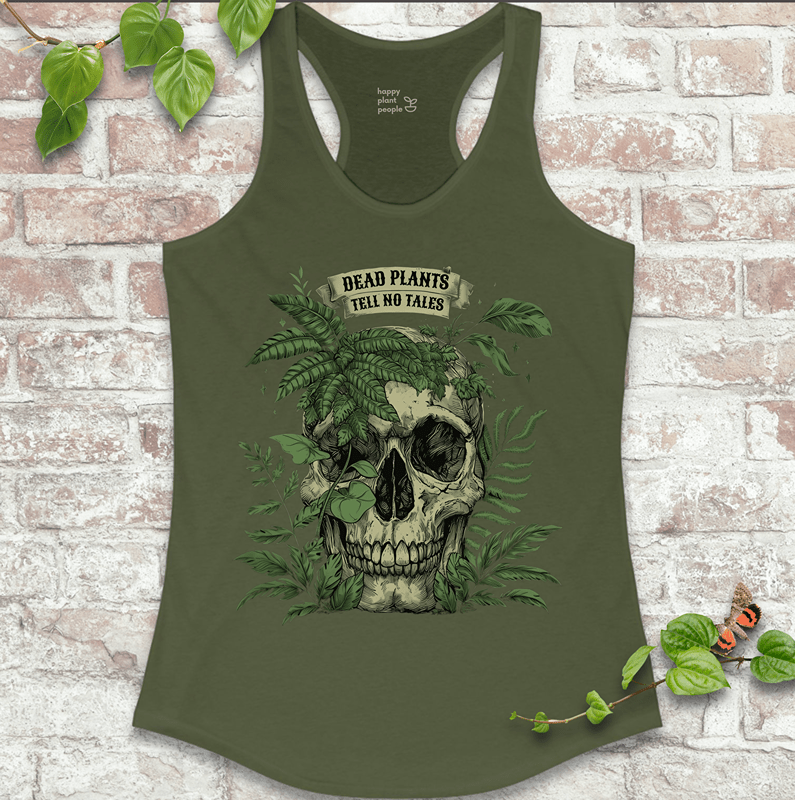 Skull and foliage design on vintage green racerback tank for plant lovers