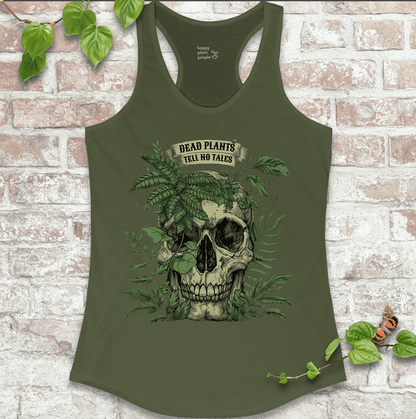 Skull and foliage design on vintage green racerback tank for plant lovers