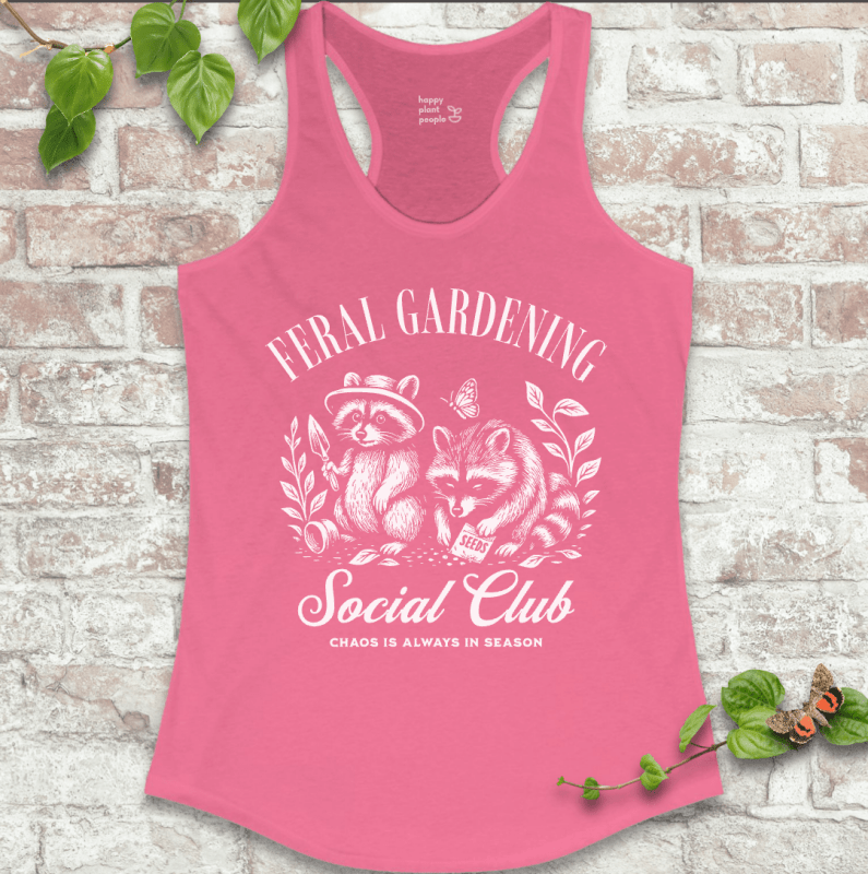 Feral Gardening Tank in Hot Pink with vintage-style raccoon and garden illustration on a soft racerback tank top.