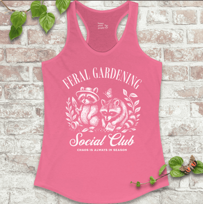 Feral Gardening Tank in Hot Pink with vintage-style raccoon and garden illustration on a soft racerback tank top.