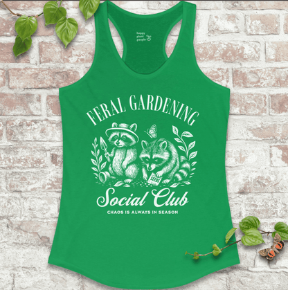 Feral Gardening Tank in Kelly Green with vintage-style raccoon and garden illustration on a soft racerback tank top.