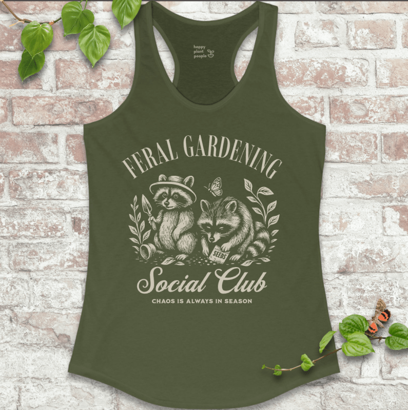 Feral Gardening Tank in military green with vintage-style raccoon and garden illustration on a soft racerback tank top.