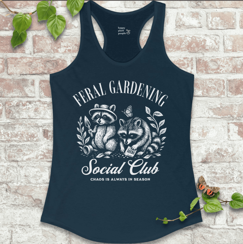 Feral Gardening Tank in Navy with vintage-style raccoon and garden illustration on a soft racerback tank top.